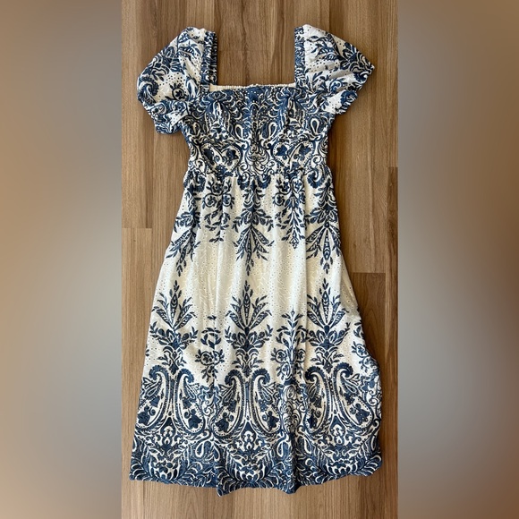 Ted Baker Print Eyelet Puff Sleeve Midi Dress Vintage Inspired Print Navy XL - Picture 2 of 12